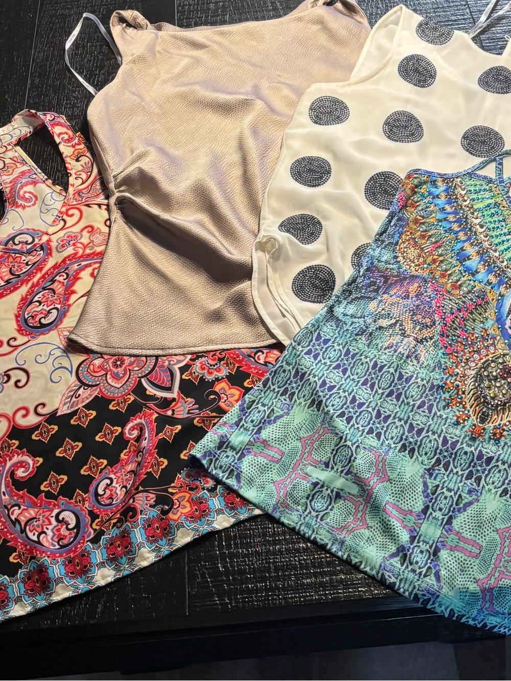 Multiples Beige Satin Camisole with Polka Dot and Multicolor Printed Tanks